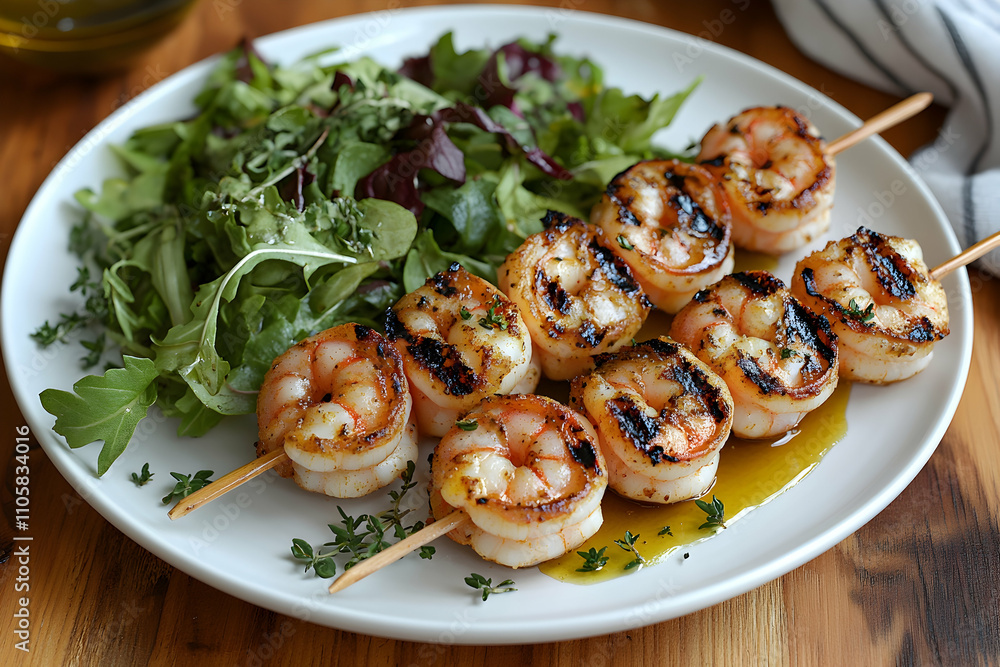 Grilled shrimp skewers with fresh salad on a white plate. Grilled shrimp skewers with fresh salad on a white plate.