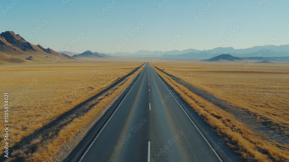 Fototapeta premium A straight asphalt road with faded lane markings, stretching across a flat, bright landscape. without people, one color background 