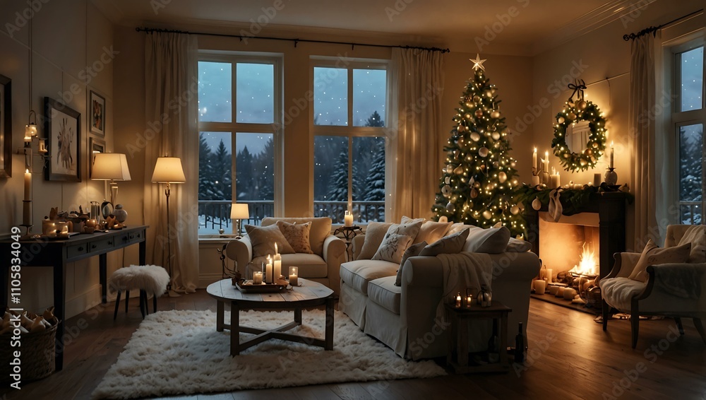 Fototapeta premium Cozy Christmas room with sparkling decor.