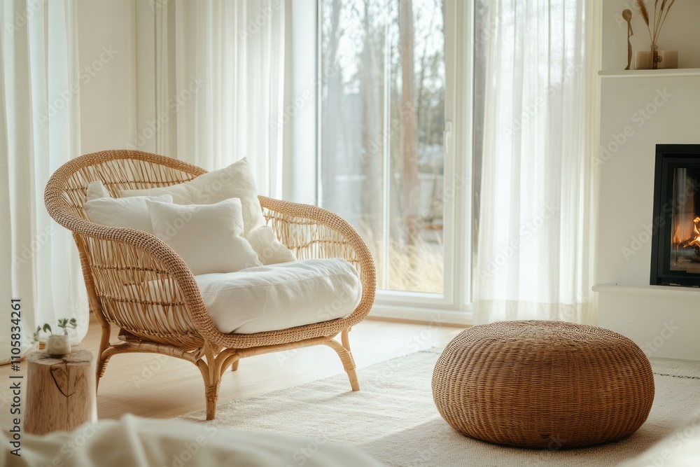 Wicker armchair with white cushions in a bright living room