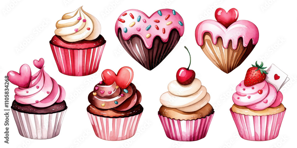 Sweet Valentine's Day Cupcakes: Watercolor illustration of adorable cupcakes decorated with hearts, sprinkles, and a touch of romance. Perfect for Valentine's Day cards, invitations. Sweet Valentine's Day Cupcakes: Watercolor illustration of adorable cupcakes decorated with hearts, sprinkles, and a touch of romance. Perfect for Valentine's Day cards, invitations.