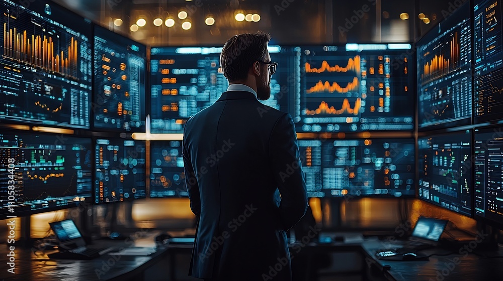 Obraz premium Business Analyst Surrounded by Multiple Data Visualization Screens for Complex Financial Analysis