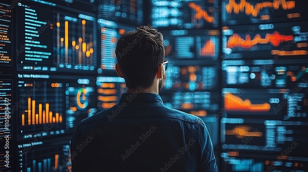 Business Data Analyst Reviewing Multiple Performance Metric Screens for Informed Decision Making Business Data Analyst Reviewing Multiple Performance Metric Screens for Informed Decision Making