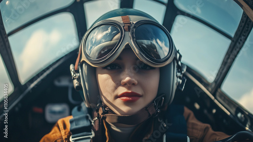 Pilot w goglach i kasku lotniczym, siedzącego w kokpicie z ręką na sterach. photo