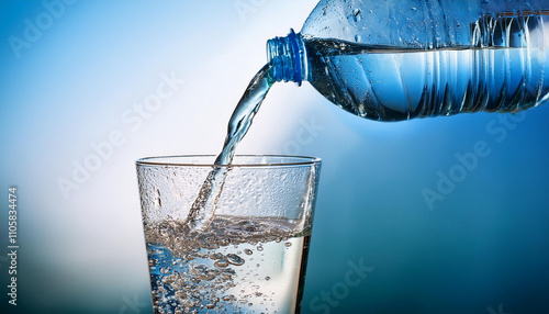 Water is poured from a plastic bottle into a glass photo