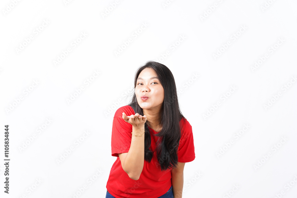 Blowing Kiss Of Beautiful Asian Woman wearing red shirt Isolated On White Background Blowing Kiss Of Beautiful Asian Woman wearing red shirt Isolated On White Background