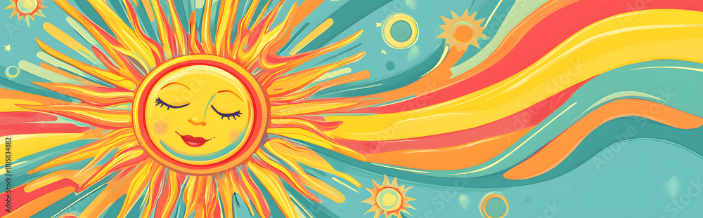 Retro 60s and 70s groovy carnival background. Sun and rainbow swirl pattern, vintage poster vibes. Funky ray elements, circle motifs, reminiscent of circus themes. Flat vector illustration isolated Retro 60s and 70s groovy carnival background. Sun and rainbow swirl pattern, vintage poster vibes. Funky ray elements, circle motifs, reminiscent of circus themes. Flat vector illustration isolated
