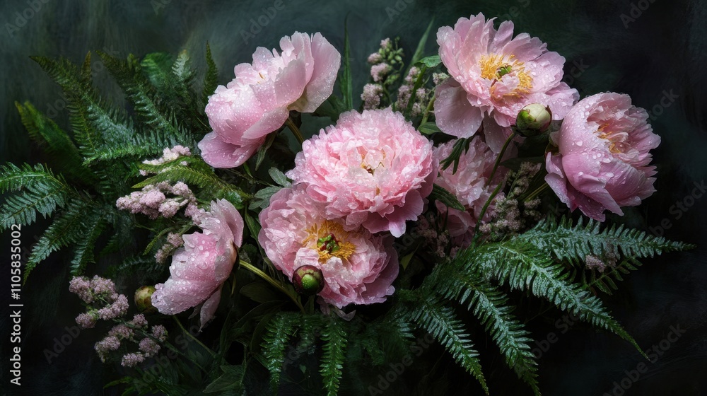 A romantic display of pink peonies and ferns, adorned with morning dew, evoking freshness and elegance A romantic display of pink peonies and ferns, adorned with morning dew, evoking freshness and elegance