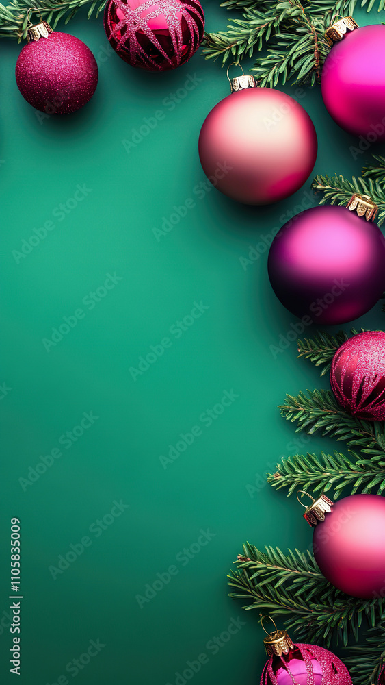 Shiny pink and purple ornaments arranged with pine branches on green backdrop for Christmas Shiny pink and purple ornaments arranged with pine branches on green backdrop for Christmas