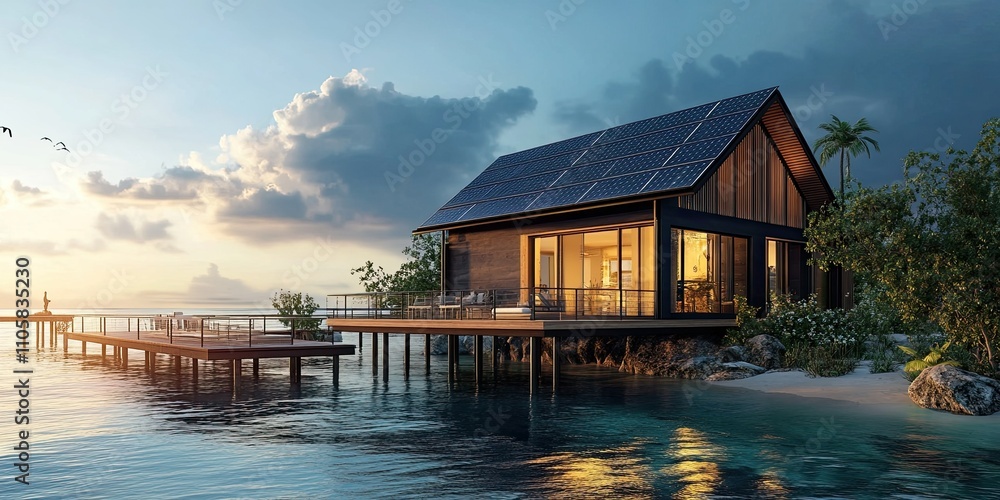Obraz premium dark brown and gold luxury coastal stilt house with small pier and modern solar panel technology and cozy elegant balcony 