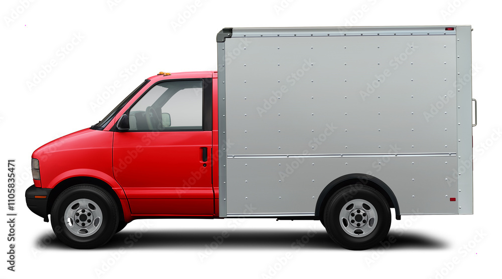 Classic compact american delivery truck side view. With white van and red cabin. In png format on transparent background. Classic compact american delivery truck side view. With white van and red cabin. In png format on transparent background.