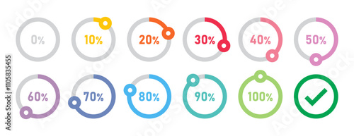 Infographic loading circles and progress circles set with 0 to 100 progress indicator in colorful style. Set of circle percentage diagrams for infographics 0 10 20 30 40 50 60 70 80 90 100 percent.