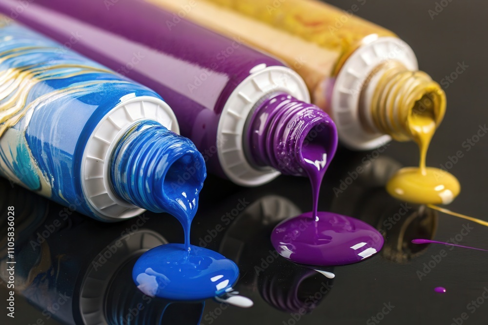Three open paint tubes display bright colors dripping onto a glossy black surface. Three open paint tubes display bright colors dripping onto a glossy black surface.