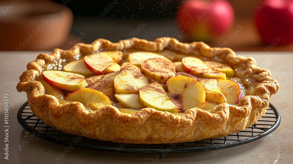 Homemade apple pie cooling on a wire rack, with cinnamon sprinkled on top. Homemade apple pie cooling on a wire rack, with cinnamon sprinkled on top.