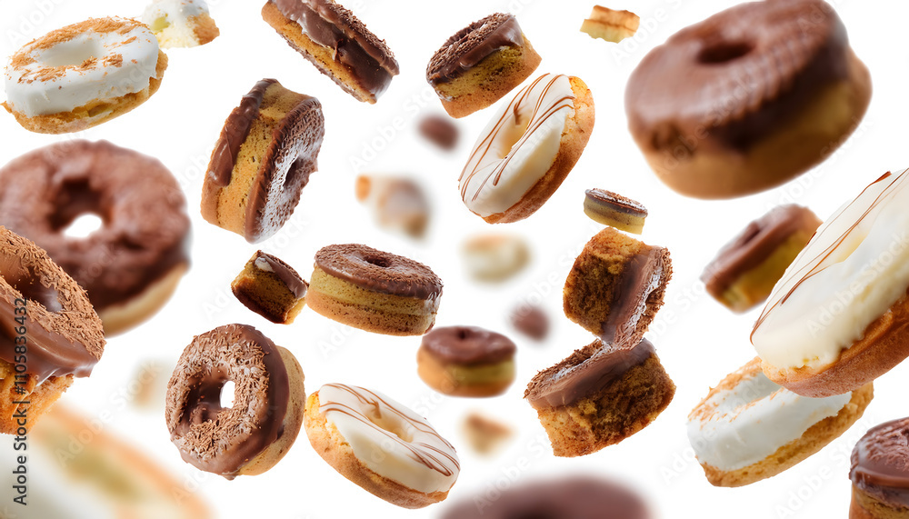 Floating Donuts Image: Delicious Chocolate and White Iced Donuts Floating Donuts Image: Delicious Chocolate and White Iced Donuts