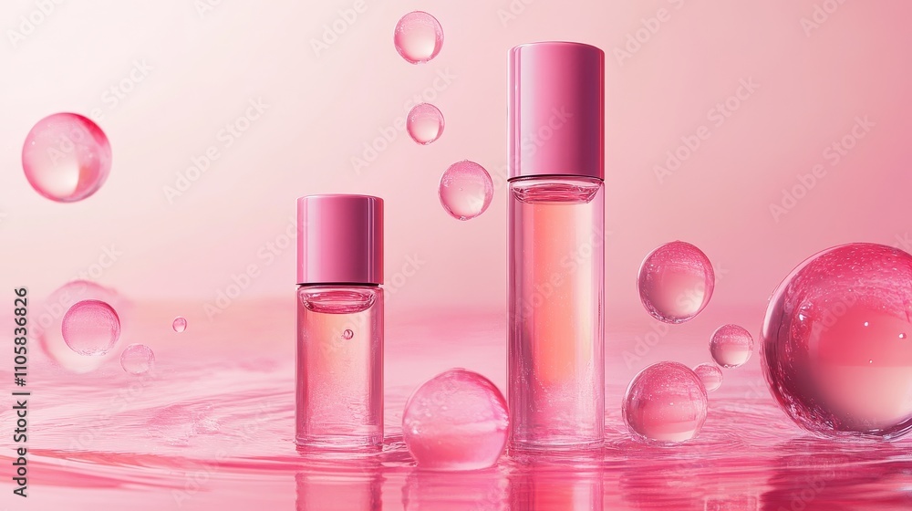 Two elegant perfume bottles on a pink background with bubbles, showcasing beauty and fragrance. Two elegant perfume bottles on a pink background with bubbles, showcasing beauty and fragrance.