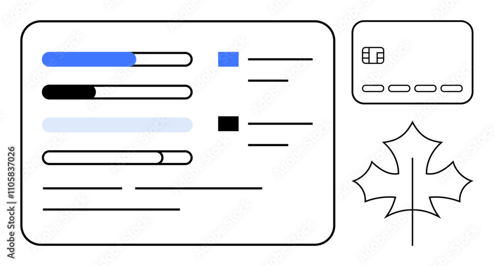 Progress bars with different colors, checkboxes, detailed text lines. Chip-enabled card with six empty spaces. Maple leaf icon. Ideal for business analytics, finance, project management Progress bars with different colors, checkboxes, detailed text lines. Chip-enabled card with six empty spaces. Maple leaf icon. Ideal for business analytics, finance, project management