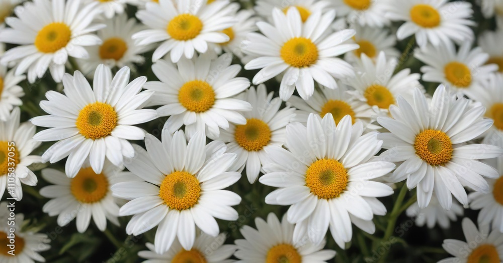 Close-up of a cluster of white daisies with yellow centers, botanical, colorful Close-up of a cluster of white daisies with yellow centers, botanical, colorful