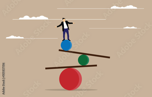 Businessman Trying to Find Balance on a Fragile Seesaw Construction. Work and finances, managing business vector art