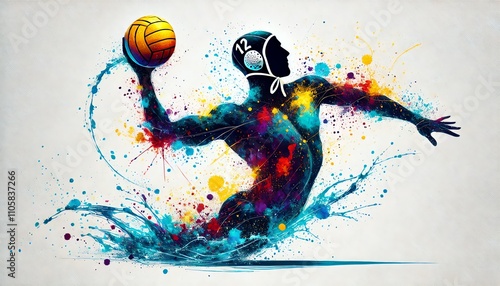 A dynamic, abstract watercolor illustration of a water polo player
