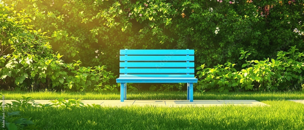 Bright blue bench contrasts beautifully with the surrounding green leaves, wooden seating, verdure Bright blue bench contrasts beautifully with the surrounding green leaves, wooden seating, verdure