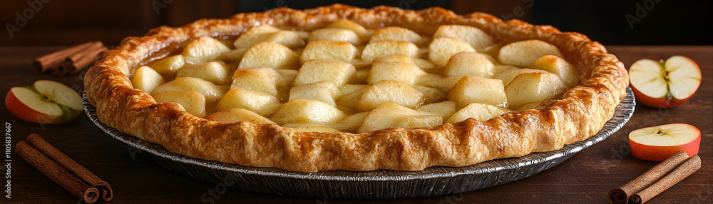 Delicious apple pie with cinnamon sticks and sliced apples. Delicious apple pie with cinnamon sticks and sliced apples.