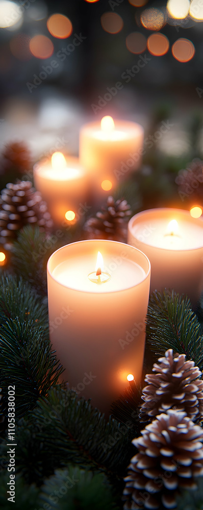 Lit candles surrounded by pine cones and evergreen branches, creating a warm and inviting holiday atmosphere. Lit candles surrounded by pine cones and evergreen branches, creating a warm and inviting holiday atmosphere.