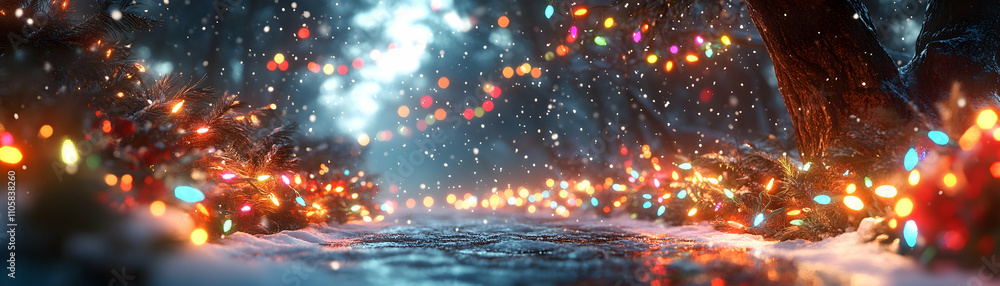 Magical winter path with colorful lights and snowfall. Magical winter path with colorful lights and snowfall.