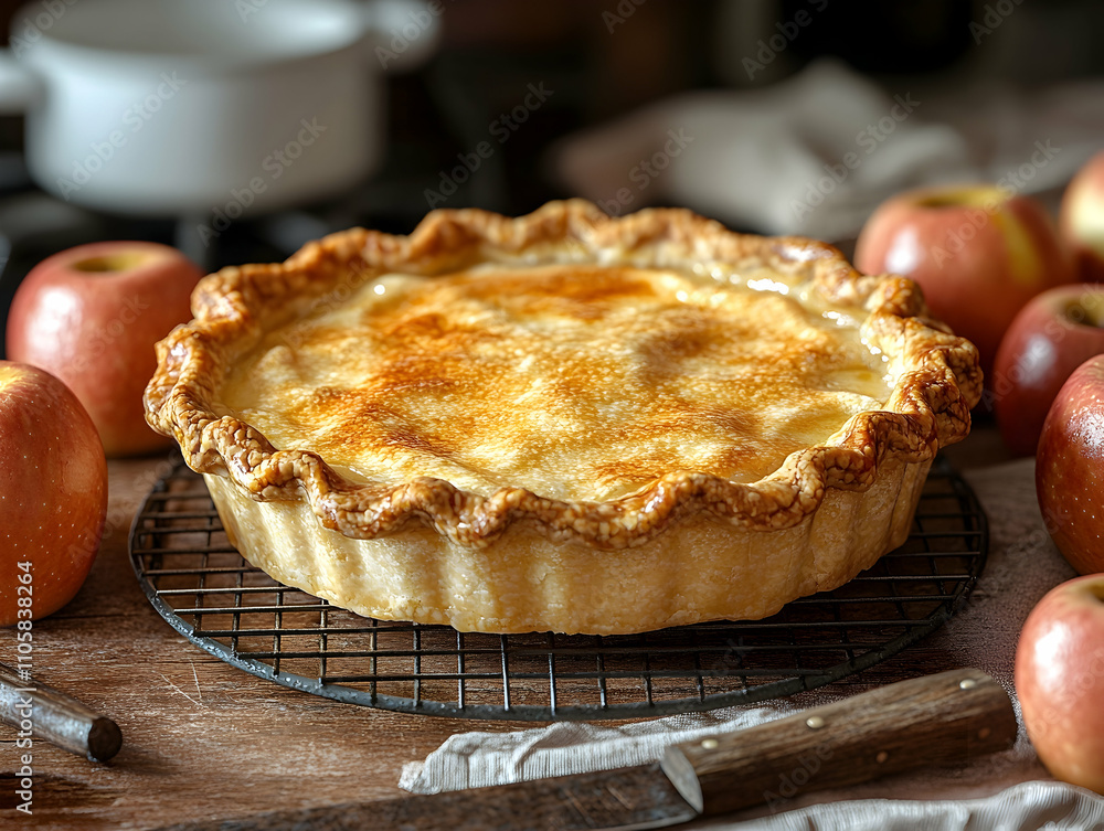 Delicious homemade apple pie cooling on a wire rack, surrounded by fresh apples. Delicious homemade apple pie cooling on a wire rack, surrounded by fresh apples.