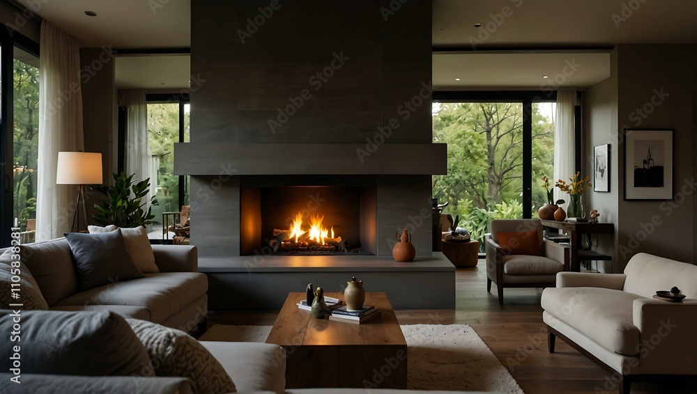 Fototapeta premium Cozy living room with a fireplace as the focal point.