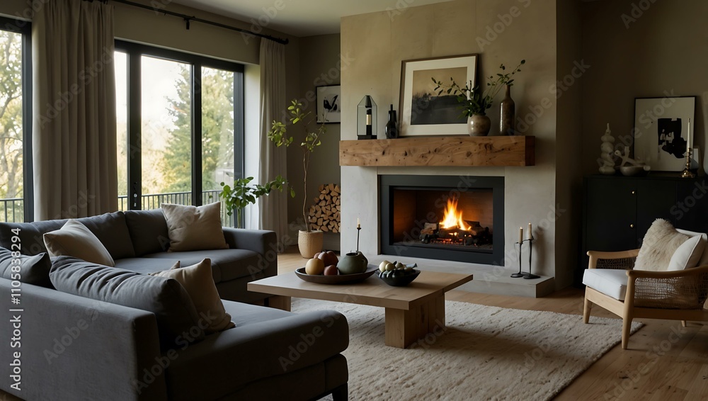 Fototapeta premium Cozy living room with a fireplace as the focal point.