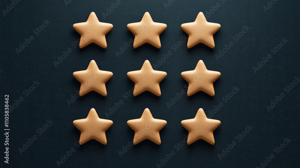 Nine golden star-shaped cookies arranged in a neat grid on a dark surface background Nine golden star-shaped cookies arranged in a neat grid on a dark surface background