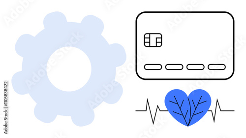 Gear icon, credit card, blue heart with ECG line. Ideal for technology, finance, health, integration, innovation synergy modern solutions. Line metaphor