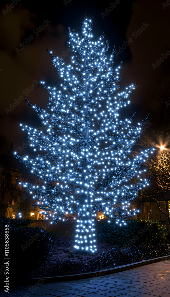 Night scene of a tree illuminated with blue lights. Night scene of a tree illuminated with blue lights.