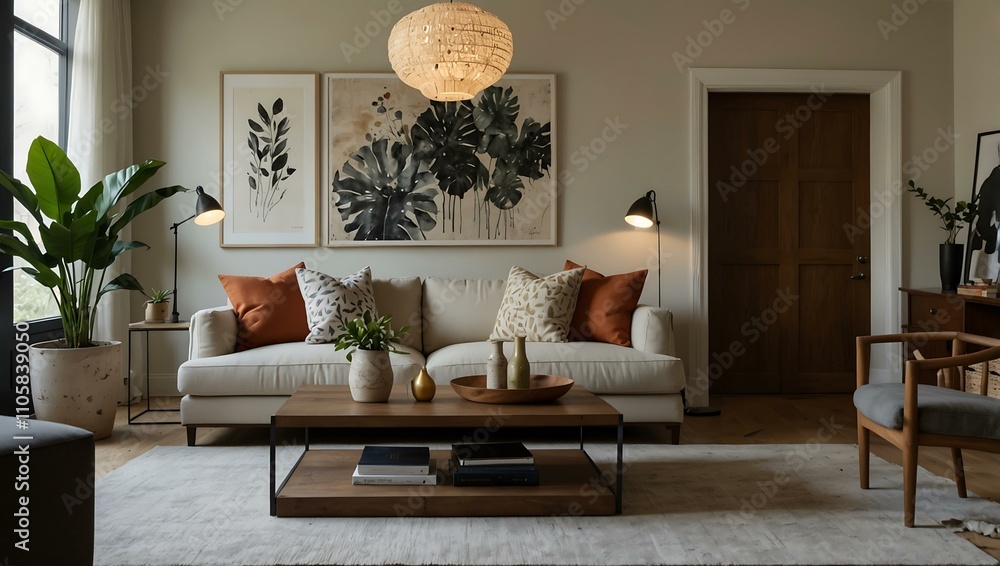 Fototapeta premium Cozy living room with decorative artwork, comfortable seating, and plants.