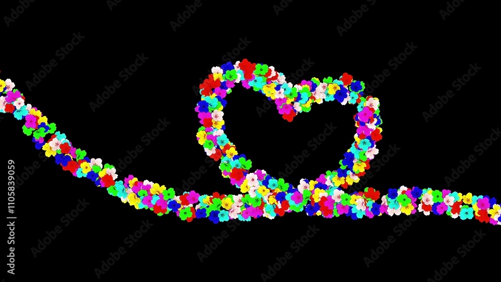 Beautiful illustration of heart path with colorful flowers on plain black background Beautiful illustration of heart path with colorful flowers on plain black background