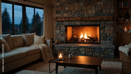 Cozy living room with fireplace at dusk.
