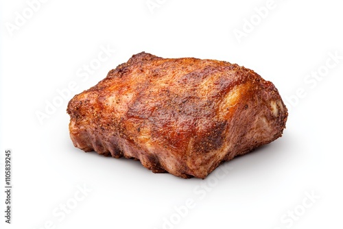 A piece of meat is sitting on a white background