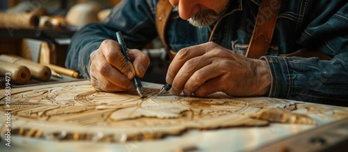 Close up of skilled artisan s hands meticulously carving an intricate wooden design using traditional tools in a cozy workshop setting  Showcasing the patience photo