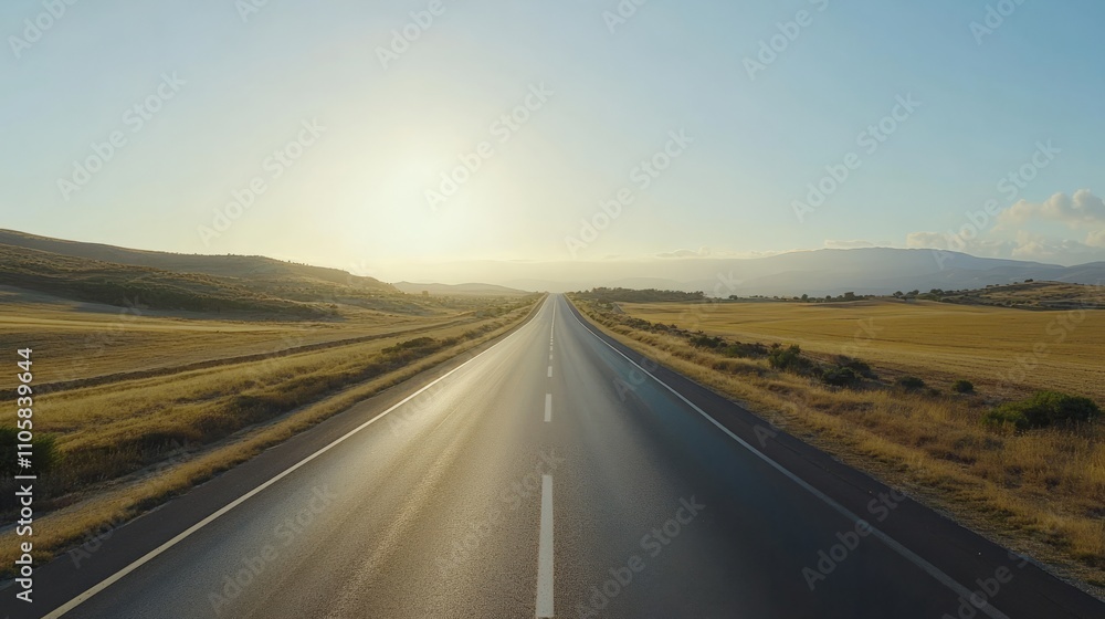 Naklejka premium A realistic asphalt highway with bright white lane dividers, stretching far into the distance. without people