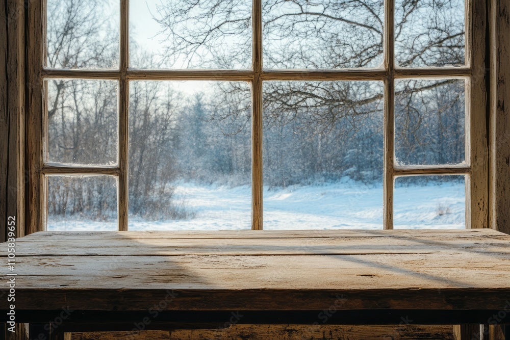 Fototapeta premium Rustic Wooden Table Winter Landscape View