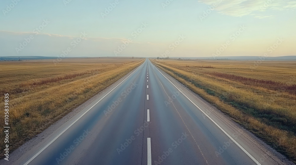 Naklejka premium A realistic asphalt highway with bright white lane dividers, stretching far into the distance. without people