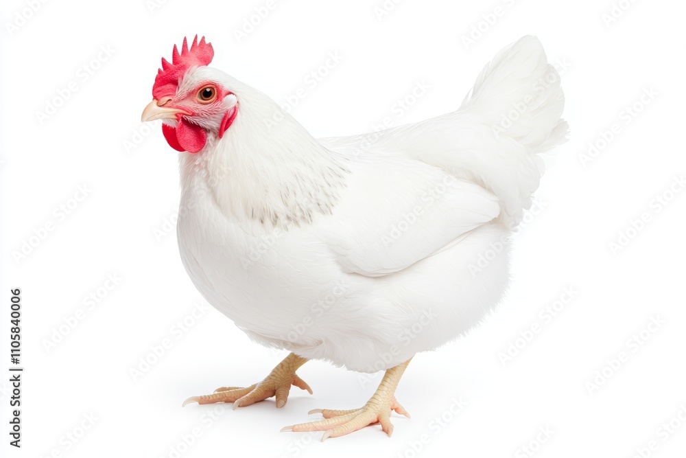 A white chicken with red comb and feet A white chicken with red comb and feet