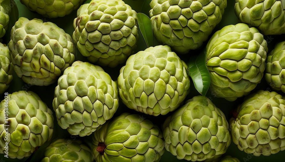 Fototapeta premium Flat Lay Top View of Bright Ripe Fragrant Green Custard apple Fruit as Background
