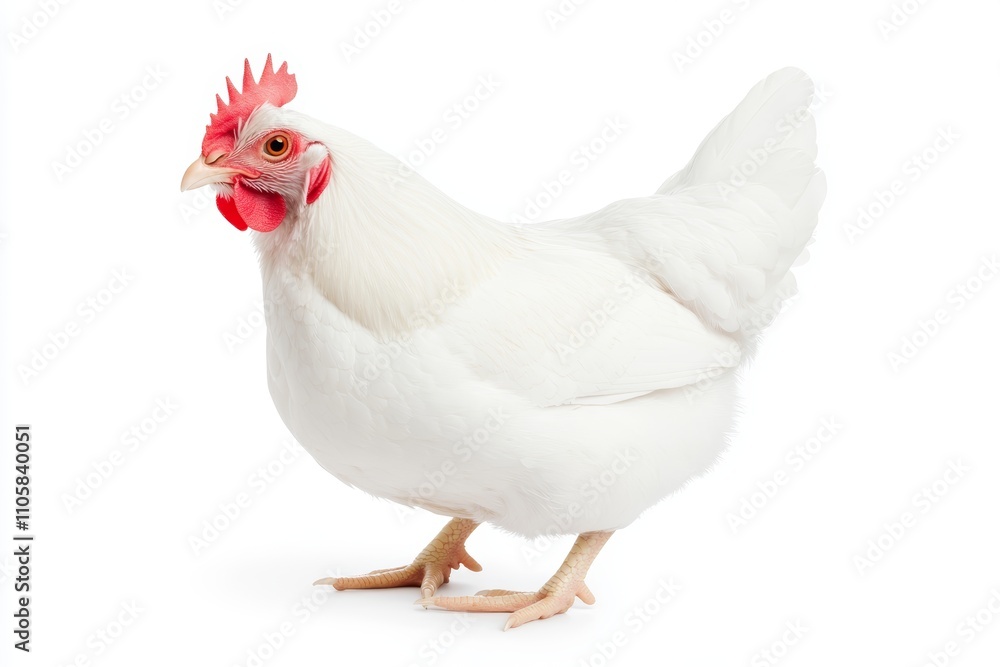 A white chicken with red comb and ear standing on a white background