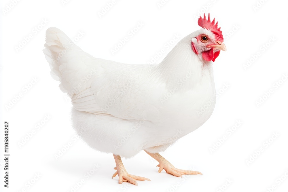 A white chicken with red comb and feet stands on a white background A white chicken with red comb and feet stands on a white background