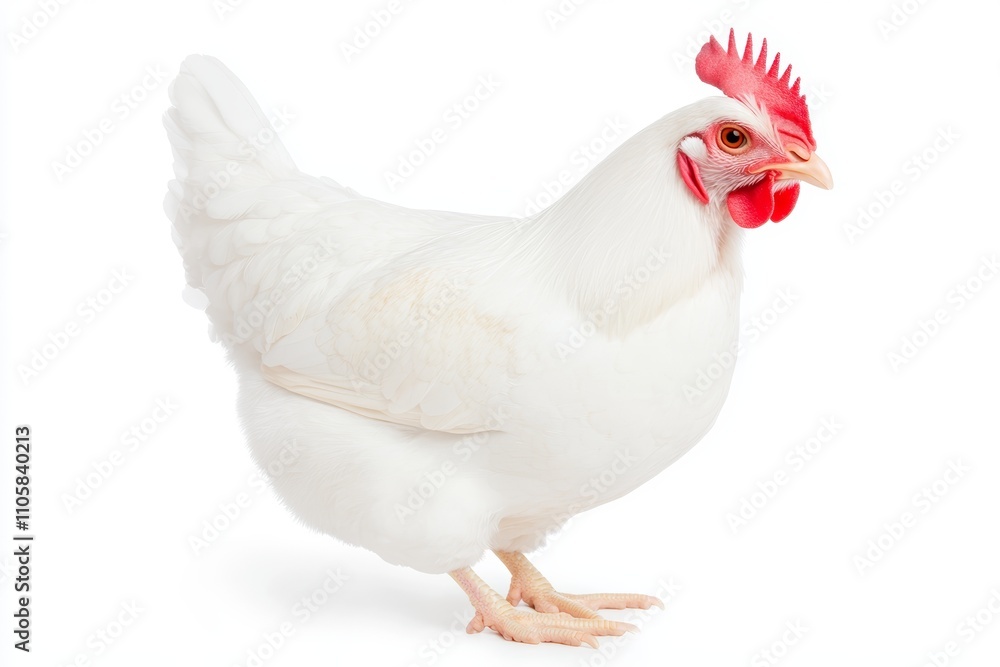 A white chicken with a red comb stands on a white background