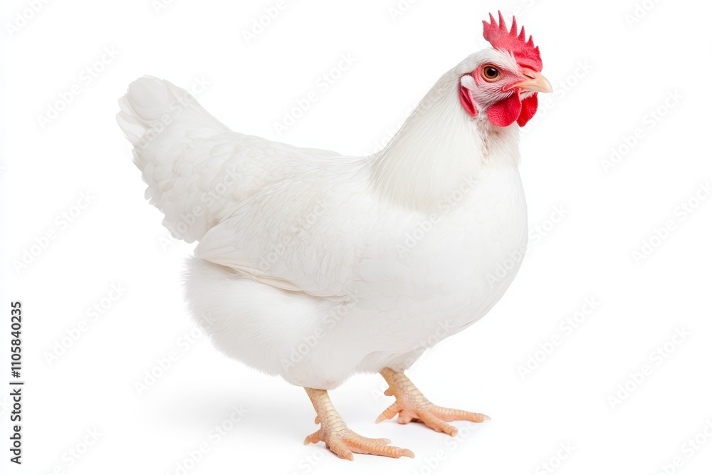 Fototapeta premium A white chicken with a red comb stands on a white background