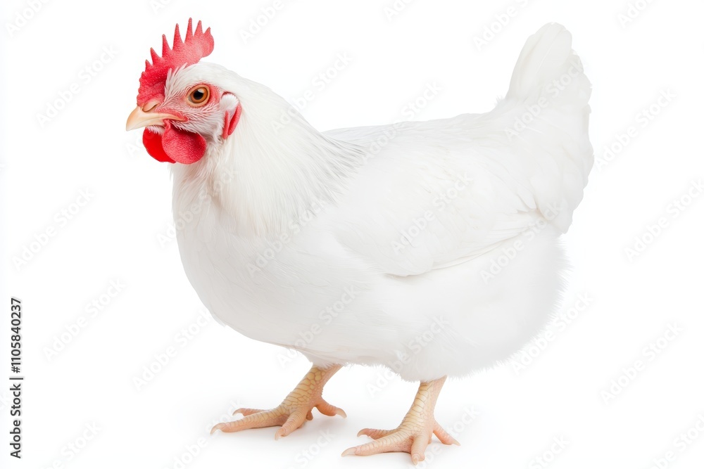 A white chicken with red comb and ear standing on a white background A white chicken with red comb and ear standing on a white background