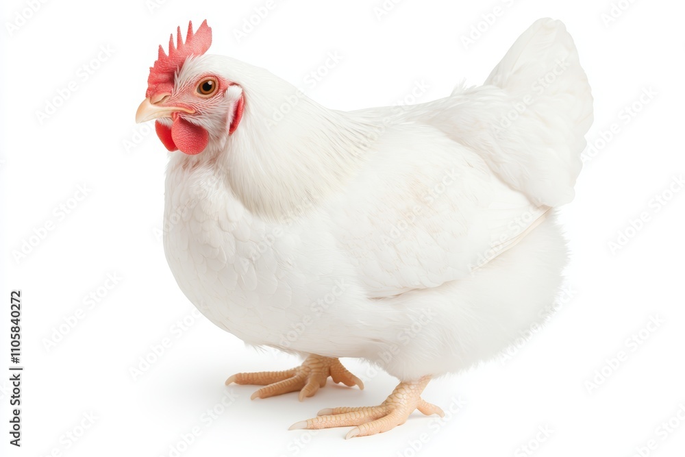 Fototapeta premium A white chicken stands on a white background